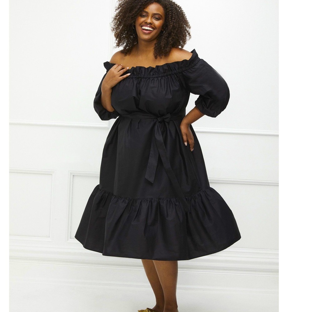 🖤 ELOQUII Elements Black Poplin Ruffle Midi Dress – Size 18/20